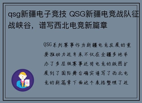 qsg新疆电子竞技 QSG新疆电竞战队征战峡谷，谱写西北电竞新篇章